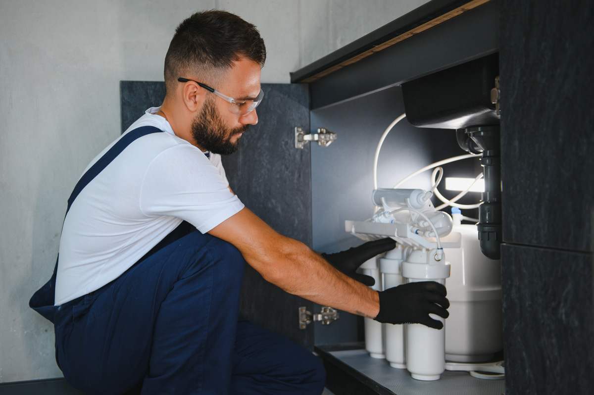 A man installing a reverse osmosis system under a sink.